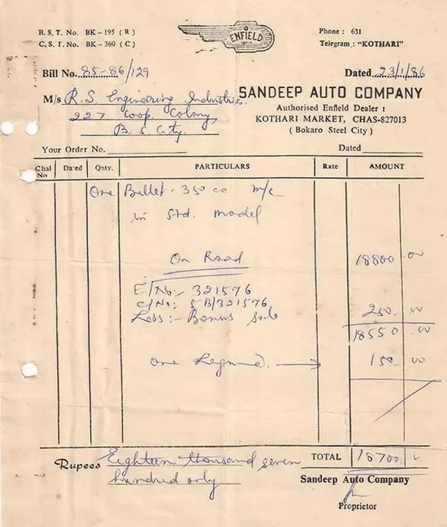 Bill from 1986 for a Royal Enfield Bullet 350